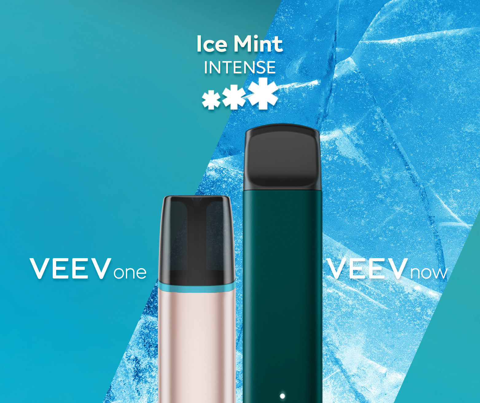 A VEEV ONE pod device and VEEV NOW disposable, both in Ice Mint flavour.